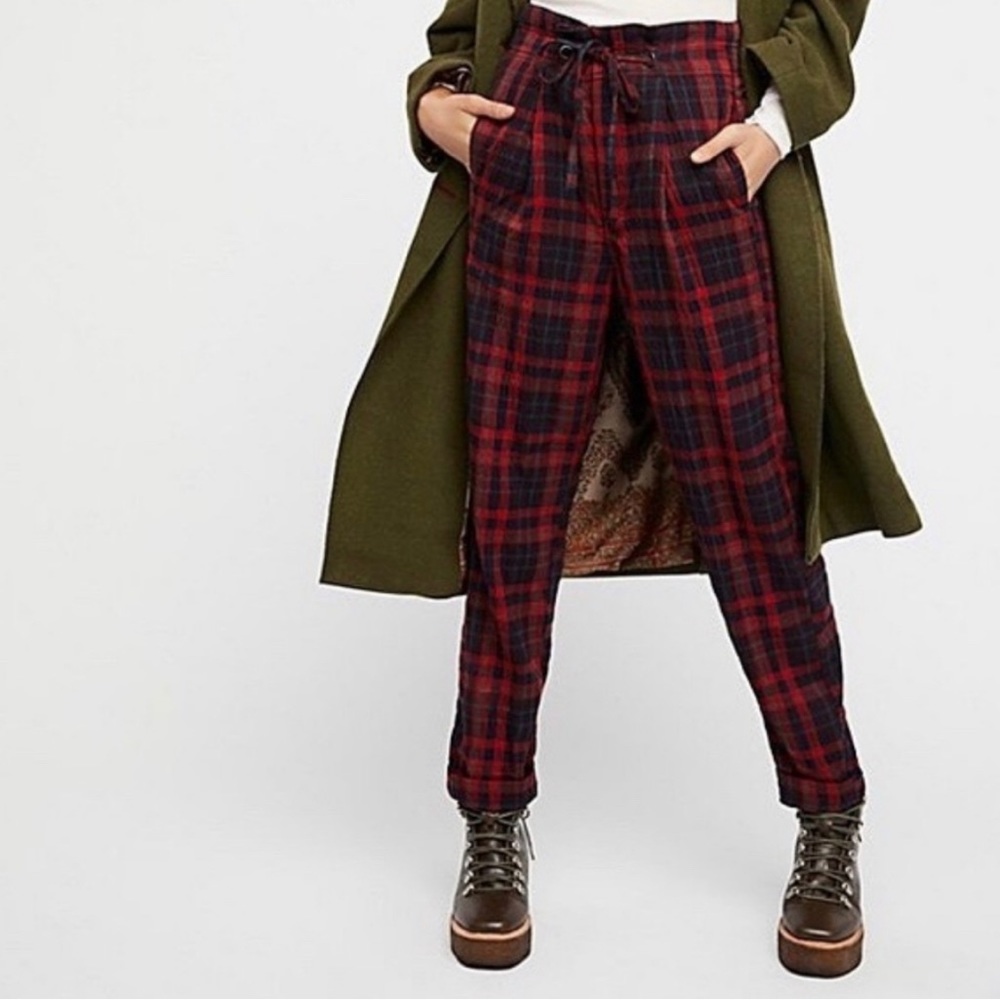 Free People Womens Here & There Trouser Pants Red Plaid High Rise Paperb…
